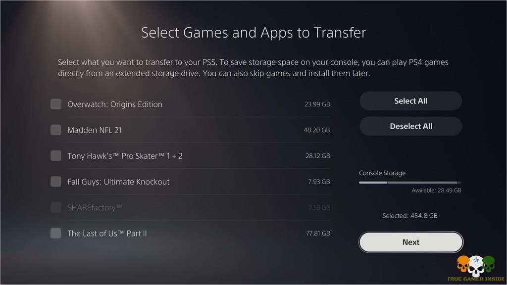 Select Games and Apps to Transfer ps4